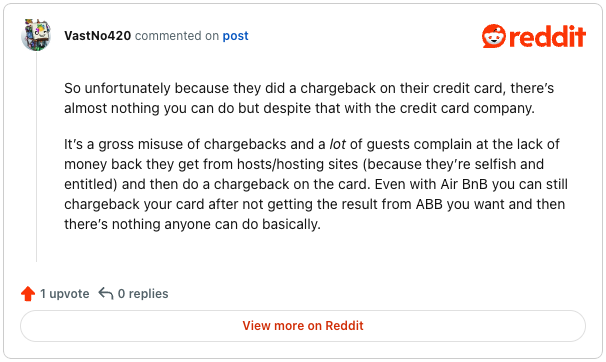 A screenshot from a Reddit thread where a host is complaining about a vacation rental chargeback that happened to them.