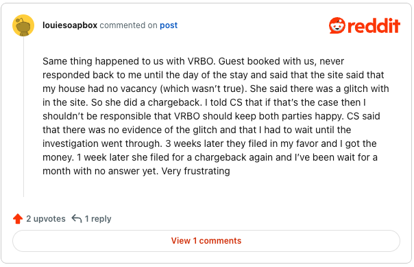 A screenshot from a Reddit thread where a host is complaining about a vacation rental chargeback that happened to them.