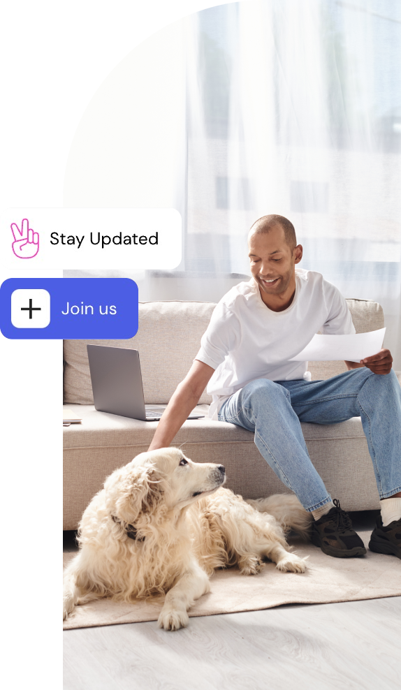 A man enjoying a leisurely afternoon with his golden retriever, while conveniently scheduling a demo with our Truvi Product Manager to explore how the Truvi platform can streamline his property management tasks.