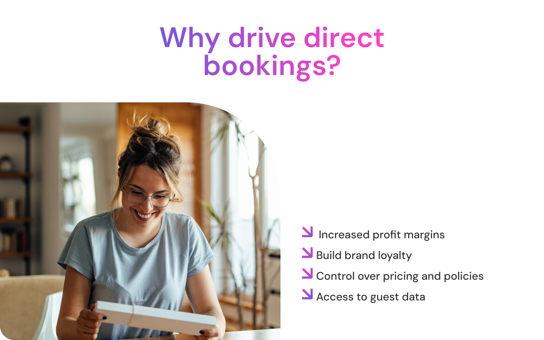 Image titled "Why drive direct bookings?" Gives the following reasons: 1. Increased profit margins 2. Build brand loyalty 3. Control over pricing and policies 4. Access to guest data