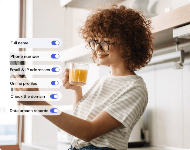 Image of a woman going through guest screening process having her - First and surname, Phone number. Email address, IP address, Check the domain, Country code, VPN usage, Linked online profiles, Data breach records Analyzed.