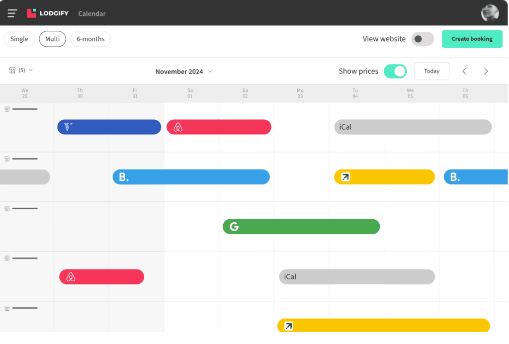 Screenshot of Lodgify's calendar. A preview of Lodgify’s centralized calendar management platform
