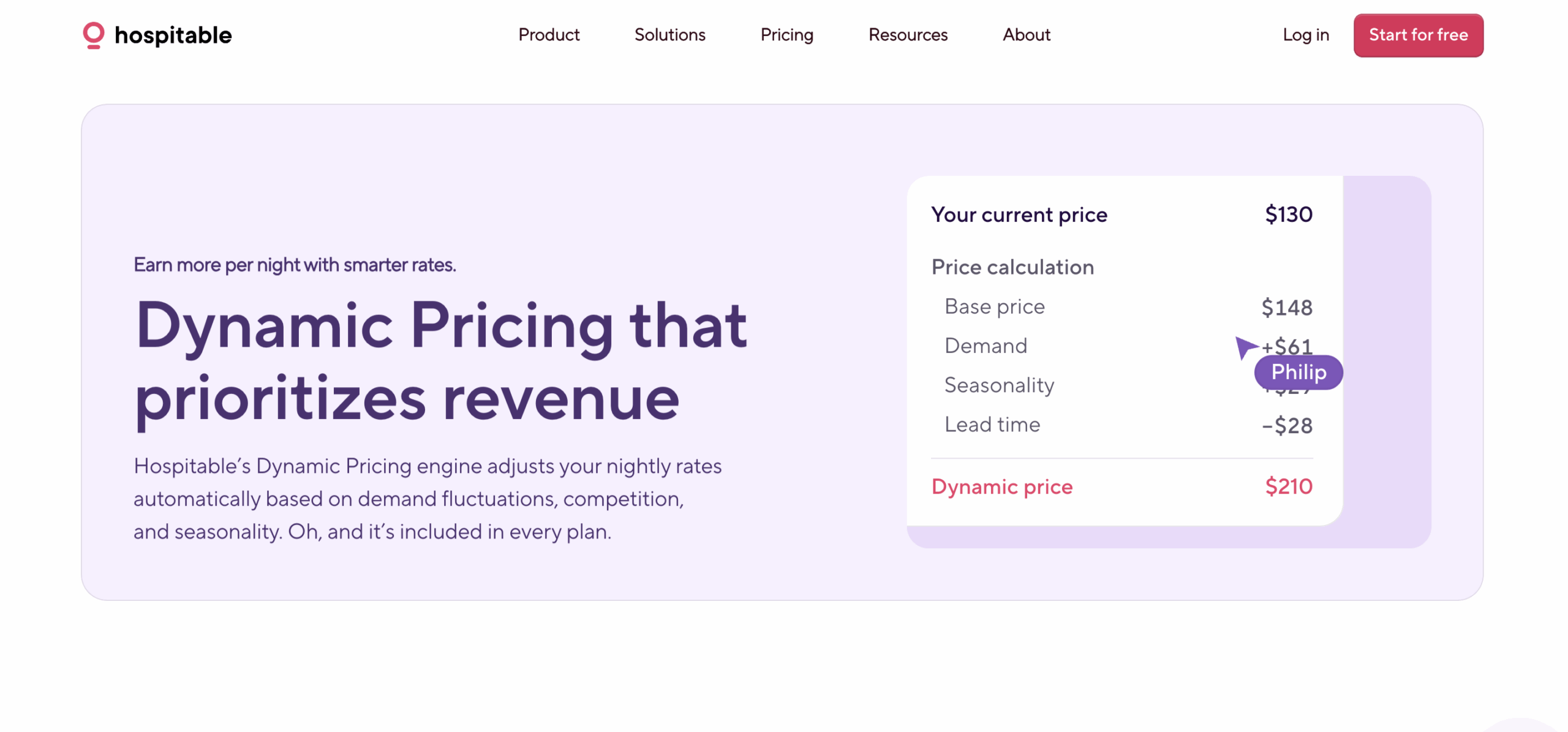 Hospitable web page showing dynamic pricing tool
